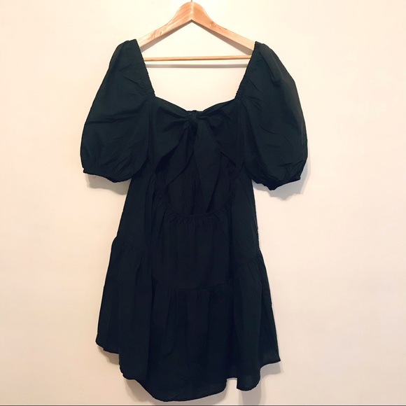 Square Neck Lantern Sleeve High Waisted Tie Back Casual A-Line Mini Dress - Picture 5 of 7